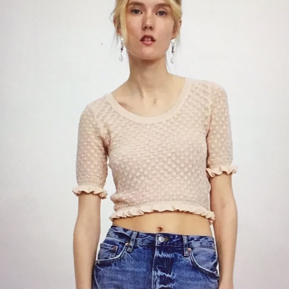 ZARA Textured Crop Ruffle Short Sleeve Sweater Top in Blush Pink sz S - EUC - Picture 4 of 11